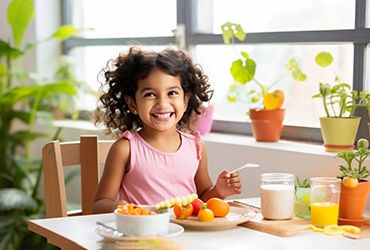 Child smiling while eating healthy meal at home