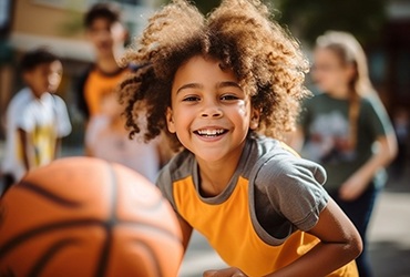 Child smiling while playing basketball with friends