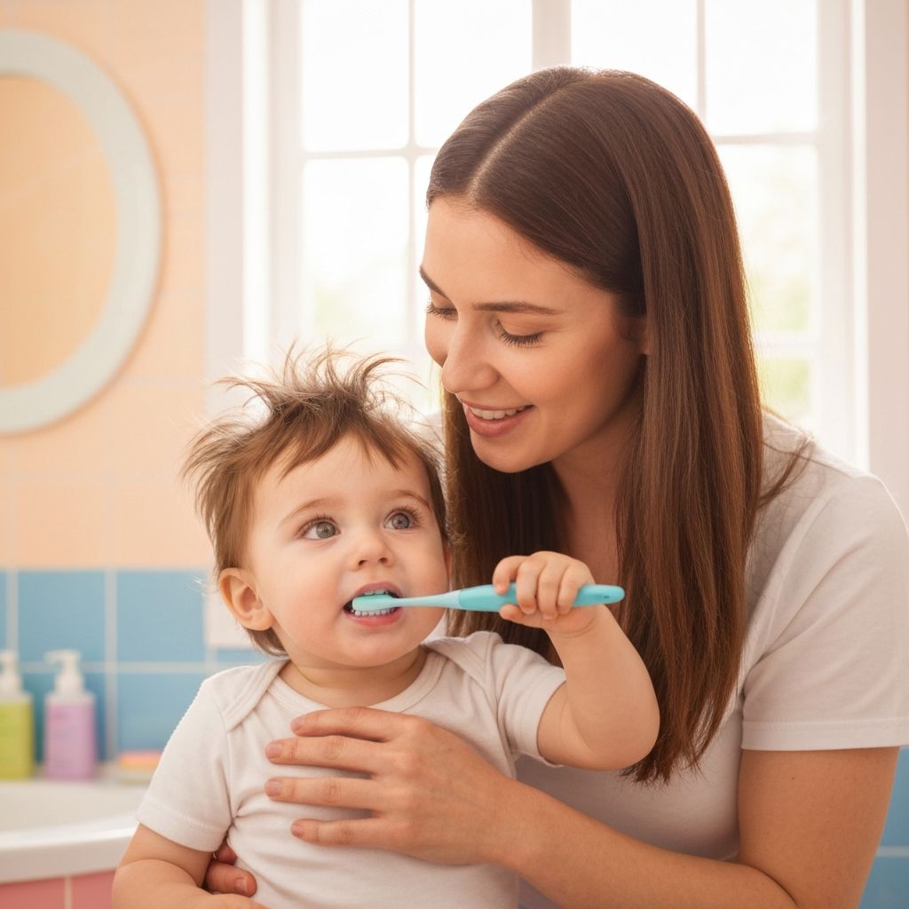Parent brushing toddler's teeth